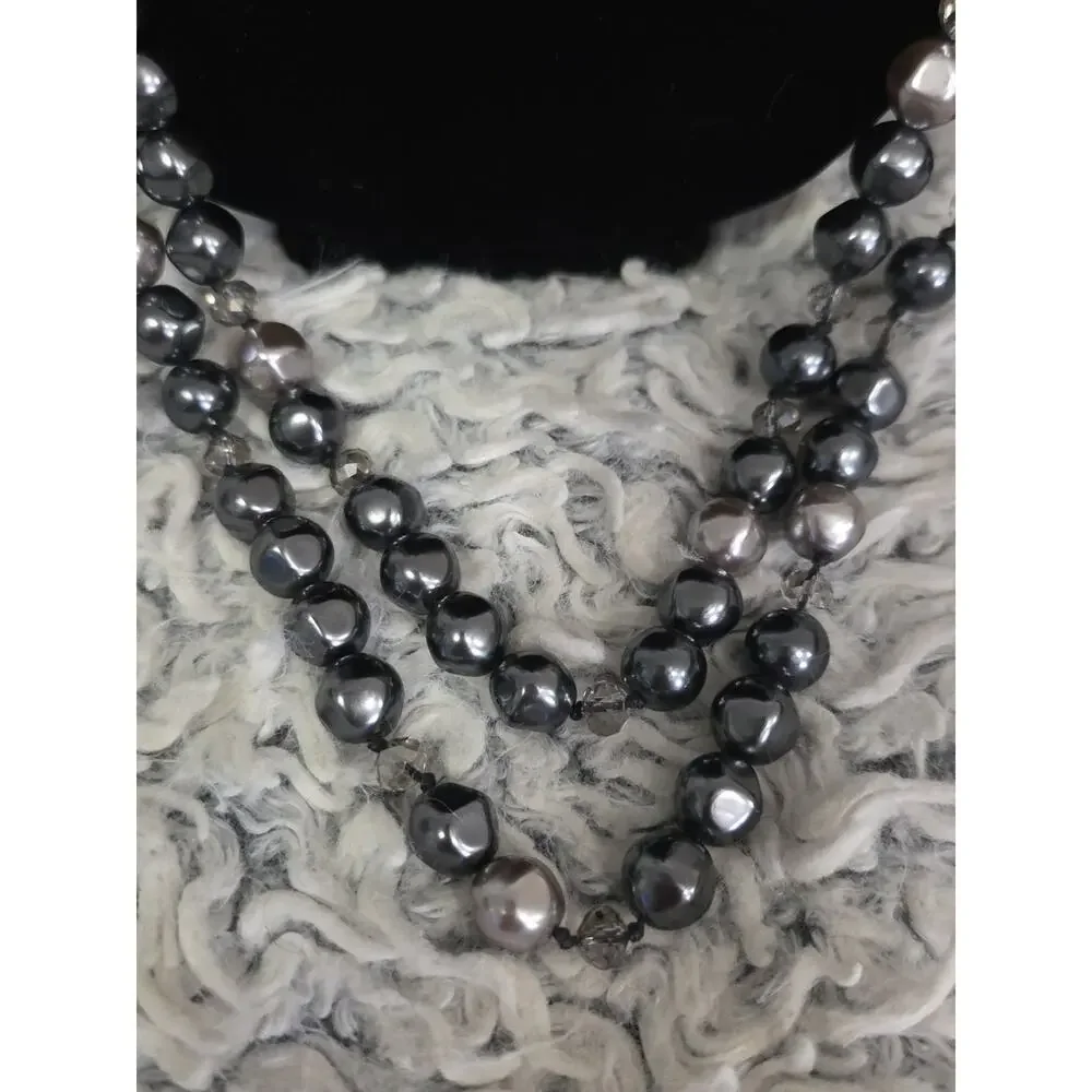 Chico's Signed Necklace Long 2 Layer Beaded Charcoal Silver Gunmetal Statement